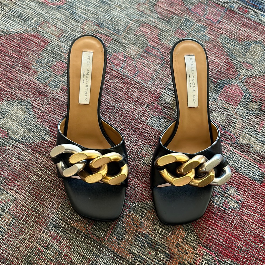 Stella Mccartney Black Mules With Gold And Silver Chain
